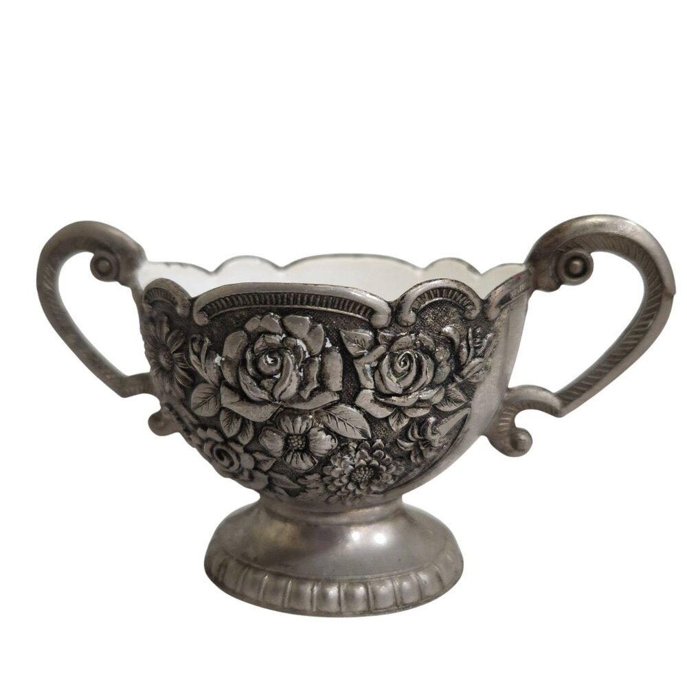Antique Silverplated Ornate Floral Design Double-Handled Sugar Bowl With Scallop